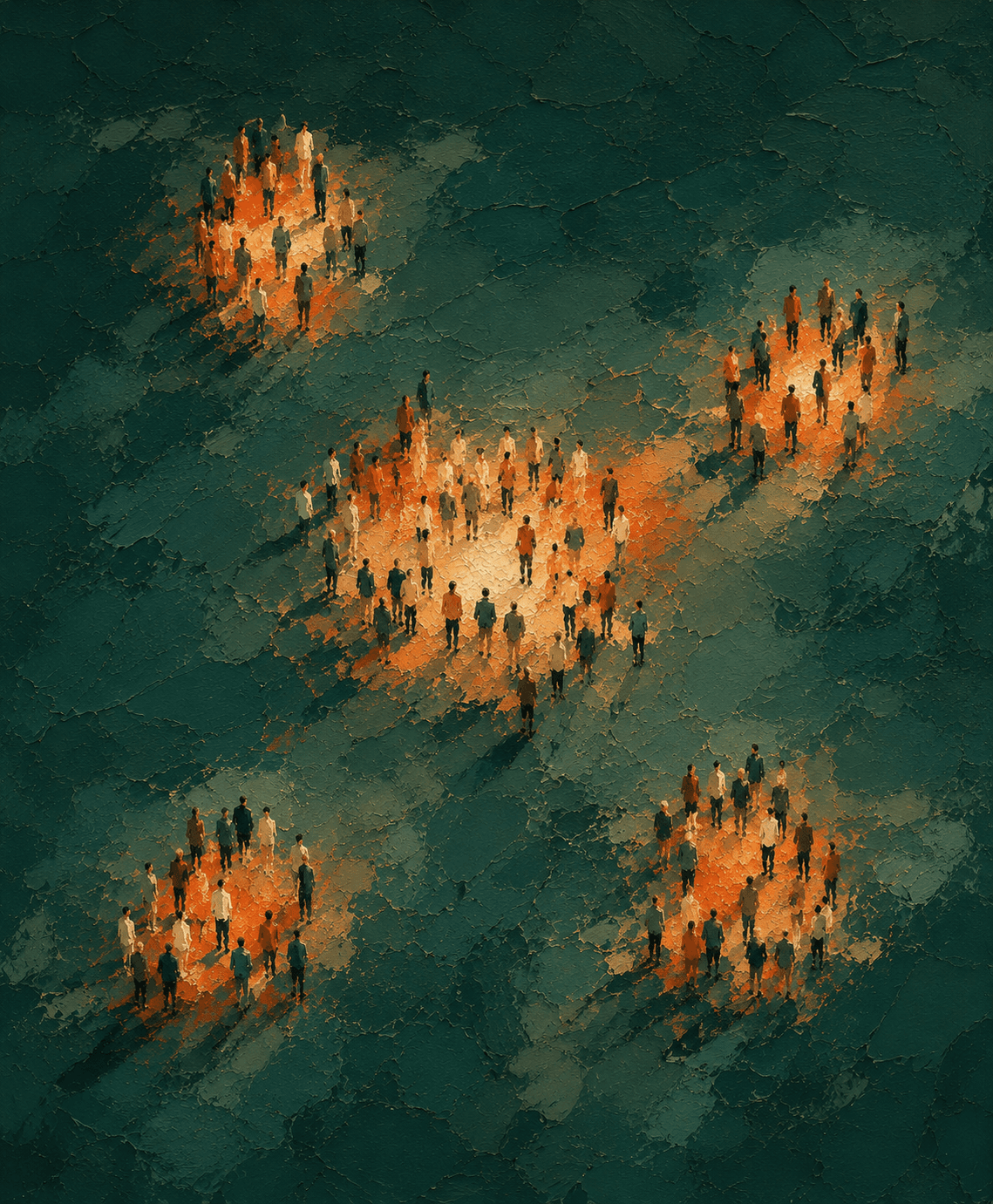 A crowd gathered in scattered pools of light, no single person distinguishable
