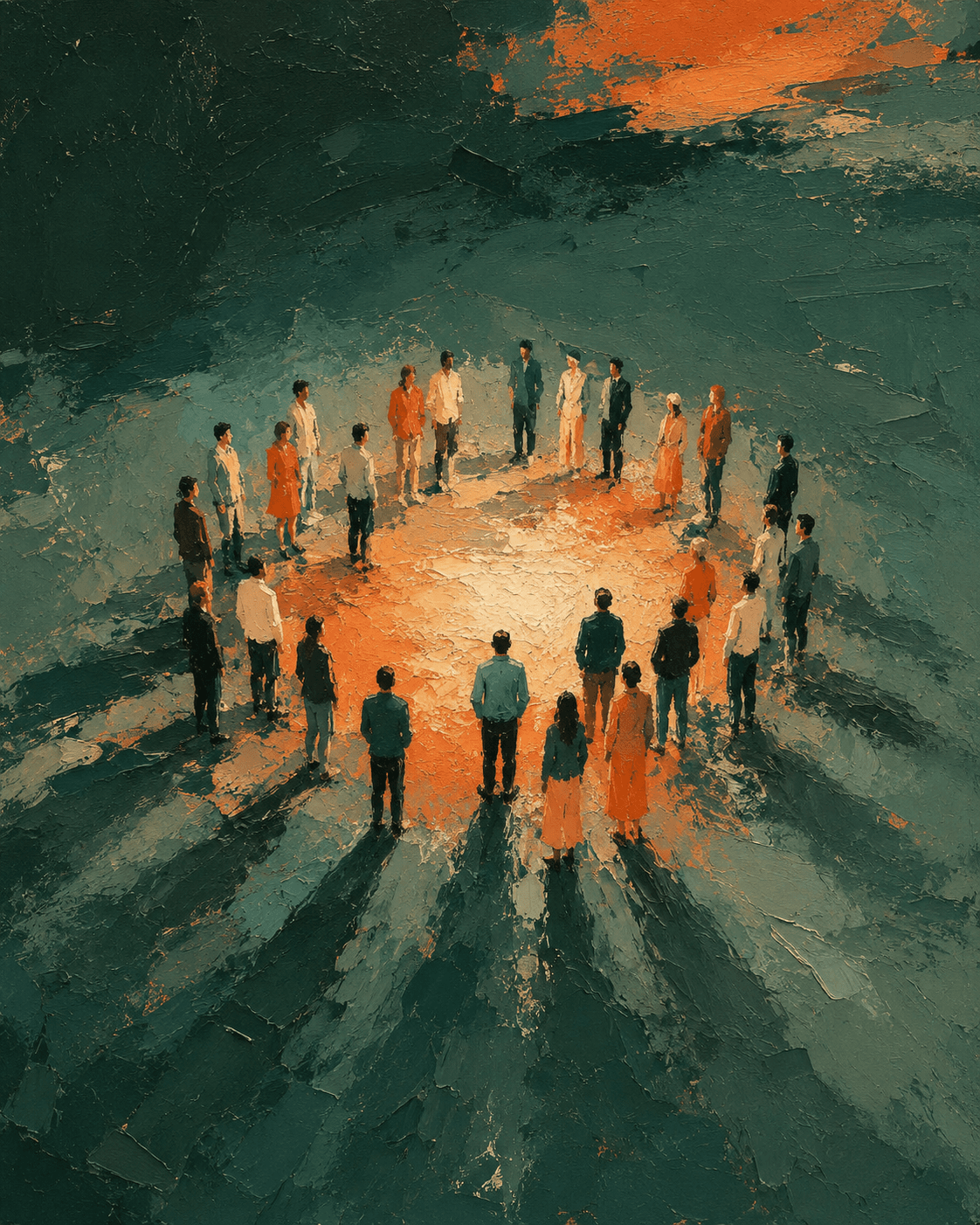 A circle of people gathered in warm light, an organisation seen as one