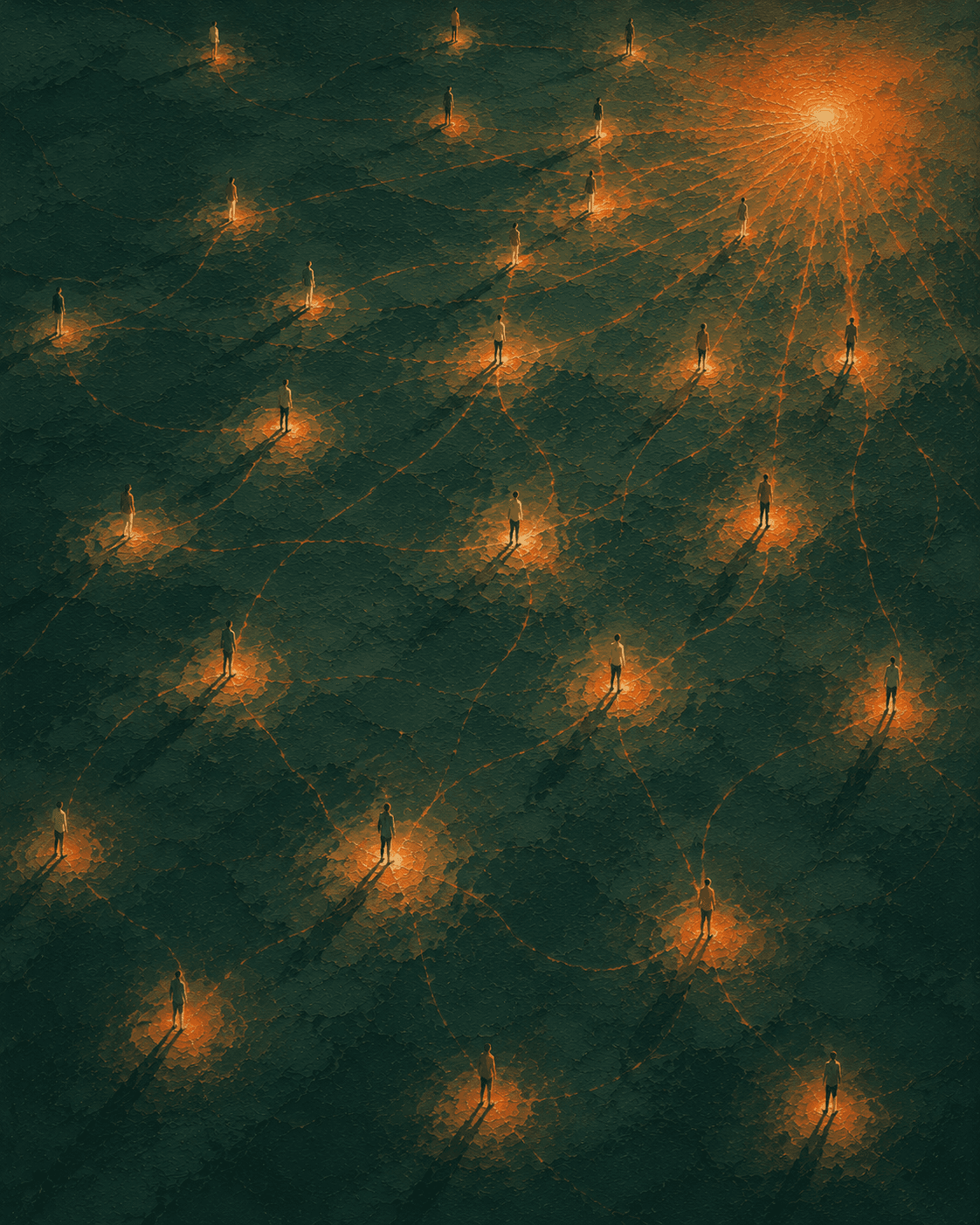Many separate voices converging into one point of light, a painterly aerial illustration